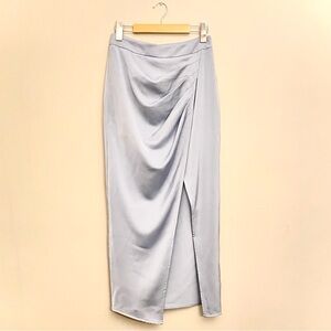 MOTF Smokey Blue Asymmetrical Faux Wrap Satin Midi Skirt – Size Small NWoT